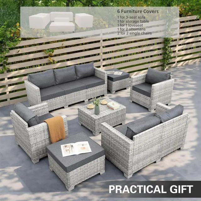 Alt view image 2 of 7 - WAROOM Patio Furniture Set 7 Piece Grey Wicker Outdoor Conversation Sets PE Rattan Sectional Sofa with Storage Coffee Table and Anti-Slip Grey Cushion