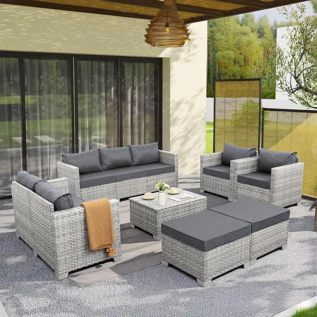Main image of WAROOM Patio Furniture Set 7 Piece Grey Wicker Outdoor Conversation Sets PE Rattan Sectional Sofa with Storage Coffee Table and Anti-Slip Grey Cushion