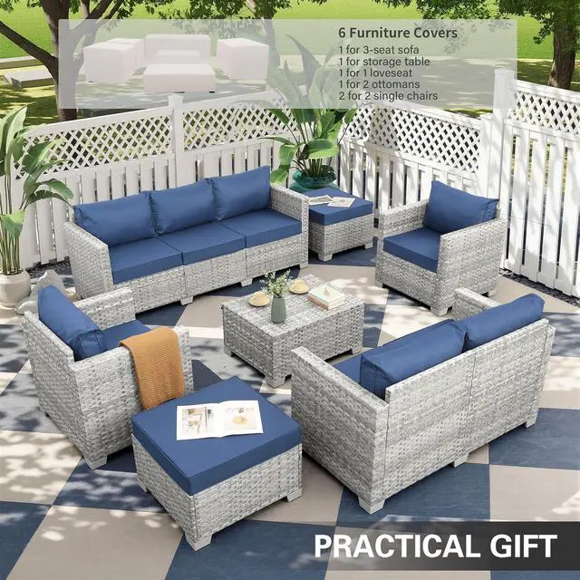 Alt view image 2 of 7 - WAROOM Patio Furniture Set 7 Piece Grey Wicker Outdoor Conversation Sets PE Rattan Sectional Sofa with Storage Coffee Table and Anti-Slip Navy Blue Cushion