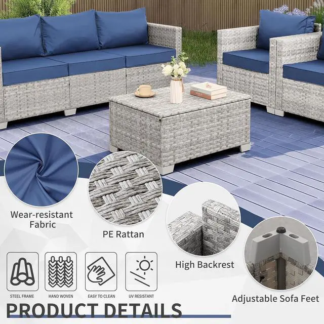 Alt view image 4 of 7 - WAROOM Patio Furniture Set 4 Piece Outdoor Wicker Conversation Sets PE Rattan Couch Sectional Sofa with Storage Table, Navy Blue Cushion