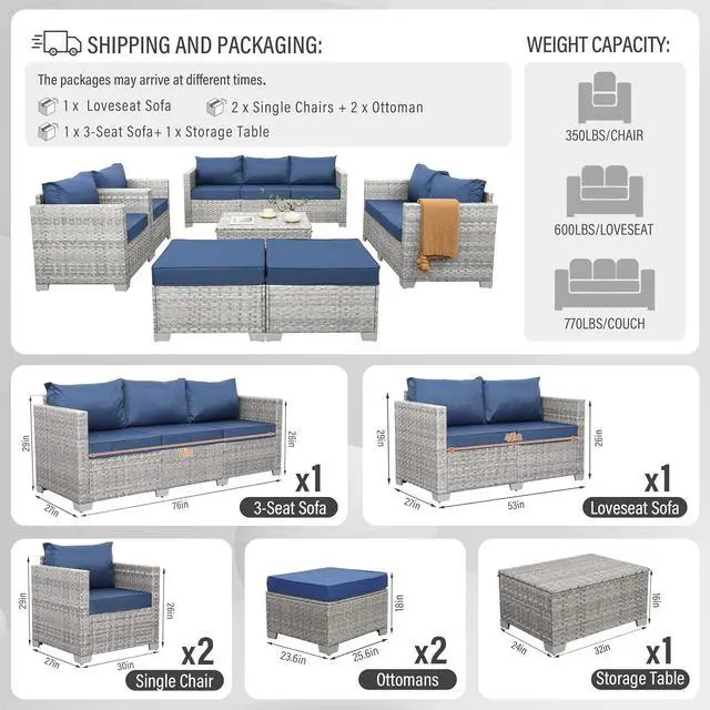 Alt view image 3 of 7 - WAROOM Patio Furniture Set 7 Piece Grey Wicker Outdoor Conversation Sets PE Rattan Sectional Sofa with Storage Coffee Table and Anti-Slip Navy Blue Cushion