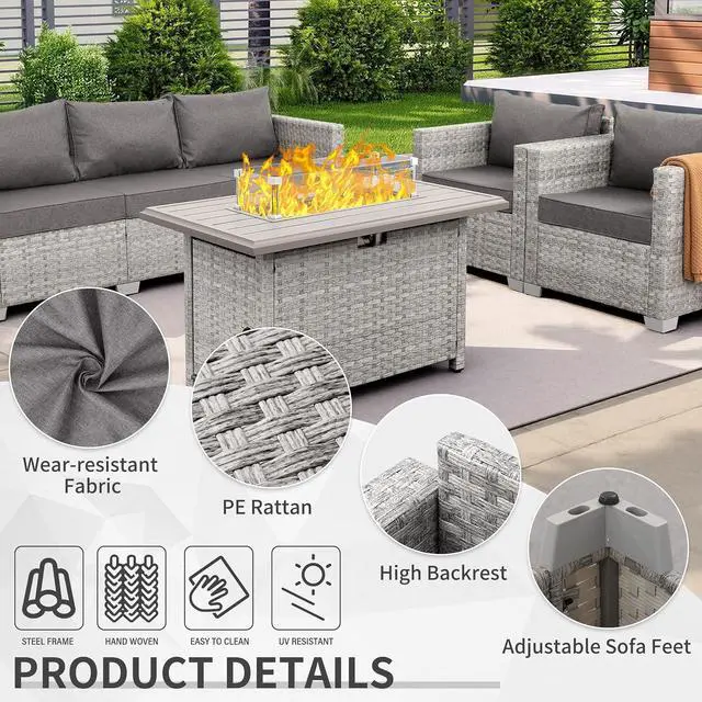 Alt view image 4 of 7 - WAROOM Patio Furniture Set 4 Piece Outdoor Wicker Conversation Sets PE Rattan Couch Sectional Sofa with Fire Pit Table, Grey Cushion