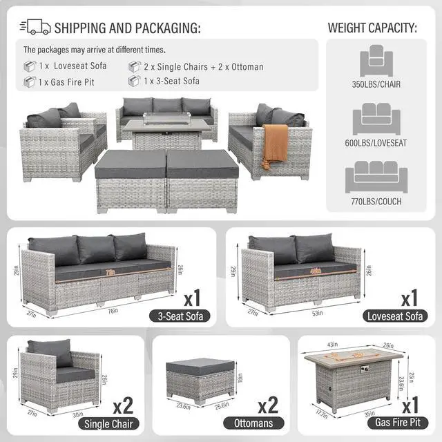 Alt view image 3 of 7 - WAROOM Patio Furniture Set 7 Piece Grey Wicker Outdoor Conversation Sets PE Rattan Sectional Sofa with Propane Fire Pit Table and Anti-Slip Grey Cushion
