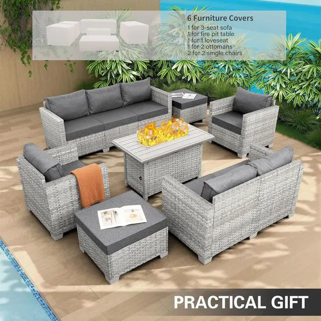 Alt view image 2 of 7 - WAROOM Patio Furniture Set 7 Piece Grey Wicker Outdoor Conversation Sets PE Rattan Sectional Sofa with Propane Fire Pit Table and Anti-Slip Grey Cushion