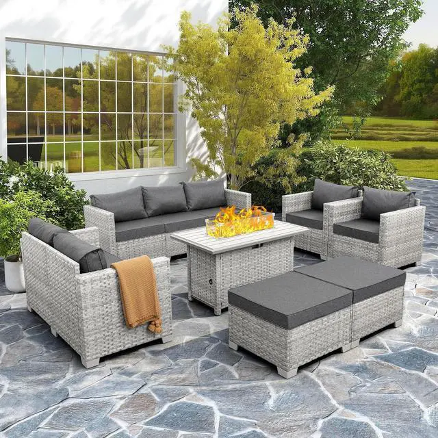 Main image of WAROOM Patio Furniture Set 7 Piece Grey Wicker Outdoor Conversation Sets PE Rattan Sectional Sofa with Propane Fire Pit Table and Anti-Slip Grey Cushion