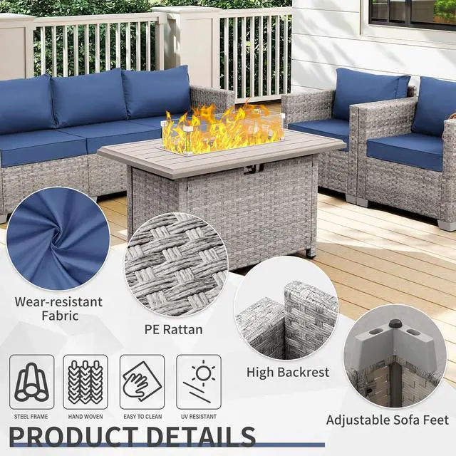 Alt view image 4 of 7 - WAROOM Patio Furniture Set 7 Piece Grey Wicker Outdoor Conversation Sets PE Rattan Sectional Sofa with Propane Fire Pit Table and Anti-Slip Navy Blue Cushion