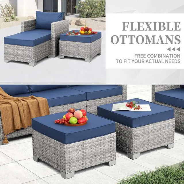 Alt view image 7 of 7 - WAROOM Patio Furniture Set 7 Piece Grey Wicker Outdoor Conversation Sets PE Rattan Sectional Sofa with Propane Fire Pit Table and Anti-Slip Navy Blue Cushion
