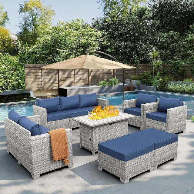 Main image of WAROOM Patio Furniture Set 7 Piece Grey Wicker Outdoor Conversation Sets PE Rattan Sectional Sofa with Propane Fire Pit Table and Anti-Slip Navy Blue Cushion