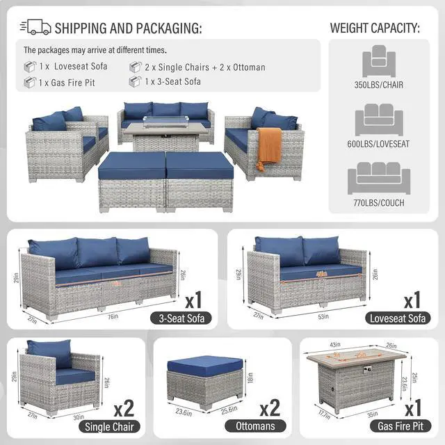 Alt view image 3 of 7 - WAROOM Patio Furniture Set 7 Piece Grey Wicker Outdoor Conversation Sets PE Rattan Sectional Sofa with Propane Fire Pit Table and Anti-Slip Navy Blue Cushion