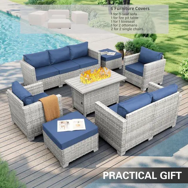 Alt view image 2 of 7 - WAROOM Patio Furniture Set 7 Piece Grey Wicker Outdoor Conversation Sets PE Rattan Sectional Sofa with Propane Fire Pit Table and Anti-Slip Navy Blue Cushion