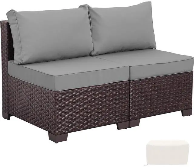 Main image of WAROOM Patio Furniture Set of 2 Resin Wicker Chairs, Outdoor Deep Seating Single Chair Brown Rattan Sofa with Grey Cushion