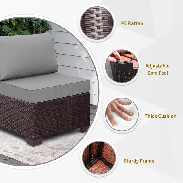 Alt view image 4 of 6 - WAROOM Patio Furniture Set of 2 Resin Wicker Chairs, Outdoor Deep Seating Single Chair Brown Rattan Sofa with Grey Cushion