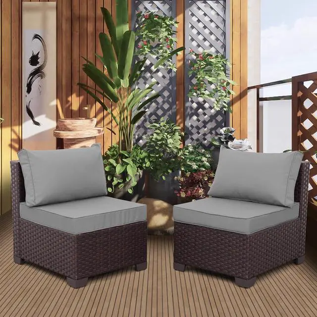 Alt view image 2 of 6 - WAROOM Patio Furniture Set of 2 Resin Wicker Chairs, Outdoor Deep Seating Single Chair Brown Rattan Sofa with Grey Cushion