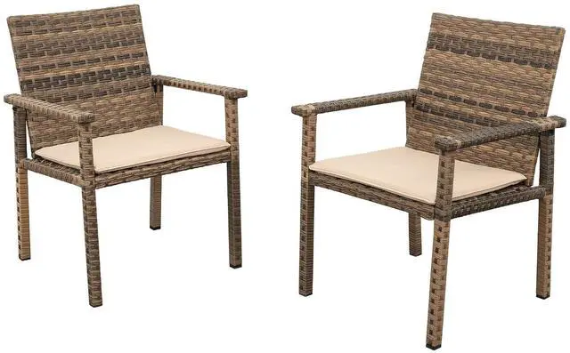 Main image of Set of 2 Wicker Patio Dining Chairs, Outdoor Armchairs with Khaki Cushions | Stable loadbearing frame, premium brown PE rattan, ergonomic backrests, UVstable and easytoclean for outside use