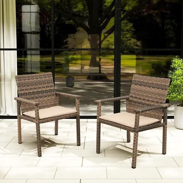 Alt view image 2 of 7 - Set of 2 Wicker Patio Dining Chairs, Outdoor Armchairs with Khaki Cushions | Stable loadbearing frame, premium brown PE rattan, ergonomic backrests, UVstable and easytoclean for outside use