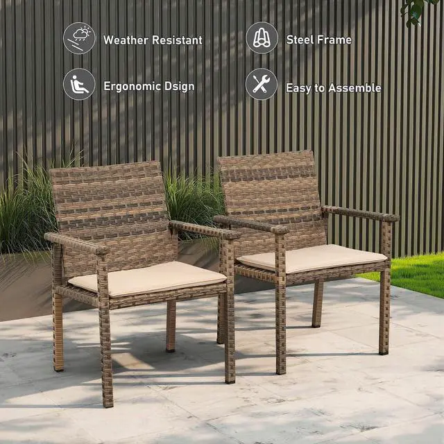 Alt view image 4 of 7 - Set of 2 Wicker Patio Dining Chairs, Outdoor Armchairs with Khaki Cushions | Stable loadbearing frame, premium brown PE rattan, ergonomic backrests, UVstable and easytoclean for outside use