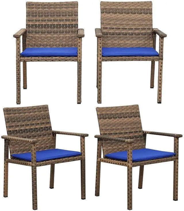 Main image of Set of 4 Wicker Patio Dining Chairs, Outdoor Armchairs with Blue Cushions | Stable loadbearing frame, premium brown PE rattan, ergonomic backrests, UVstable and easytoclean for outside use