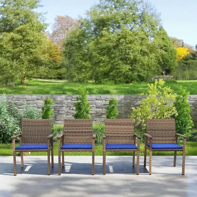 Alt view image 2 of 7 - Set of 4 Wicker Patio Dining Chairs, Outdoor Armchairs with Blue Cushions | Stable loadbearing frame, premium brown PE rattan, ergonomic backrests, UVstable and easytoclean for outside use