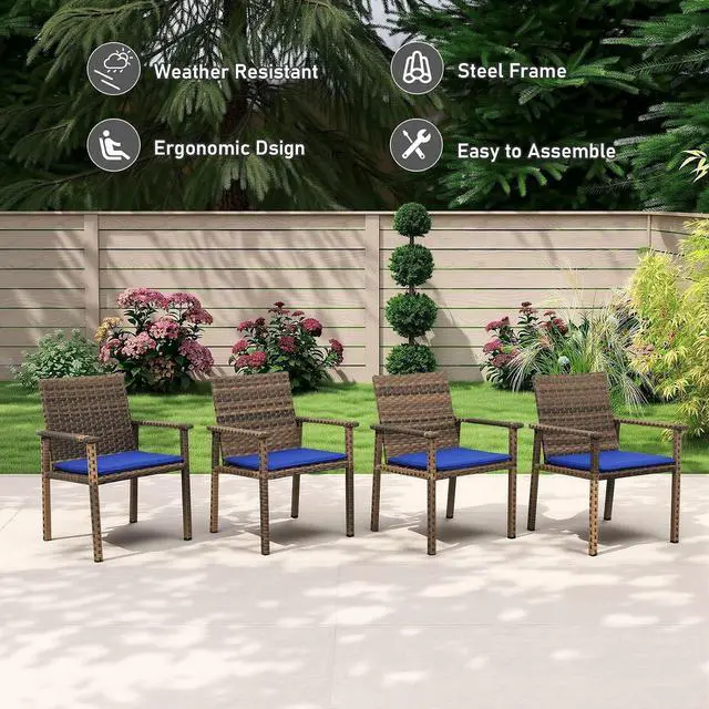 Alt view image 4 of 7 - Set of 4 Wicker Patio Dining Chairs, Outdoor Armchairs with Blue Cushions | Stable loadbearing frame, premium brown PE rattan, ergonomic backrests, UVstable and easytoclean for outside use