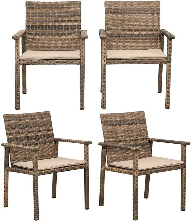 Main image of Set of 4 Wicker Patio Dining Chairs, Outdoor Armchairs with Khaki Cushions | Stable loadbearing frame, premium brown PE rattan, ergonomic backrests, UVstable and easytoclean for outside use