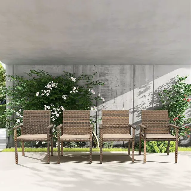 Alt view image 2 of 7 - Set of 4 Wicker Patio Dining Chairs, Outdoor Armchairs with Khaki Cushions | Stable loadbearing frame, premium brown PE rattan, ergonomic backrests, UVstable and easytoclean for outside use