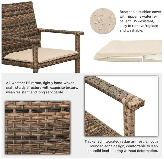 Alt view image 4 of 7 - WAROOM 3 Piece Patio Set Outdoor Rattan Chair Porch Wicker Furniture Sets with Coffee Table, Khaki Cushion