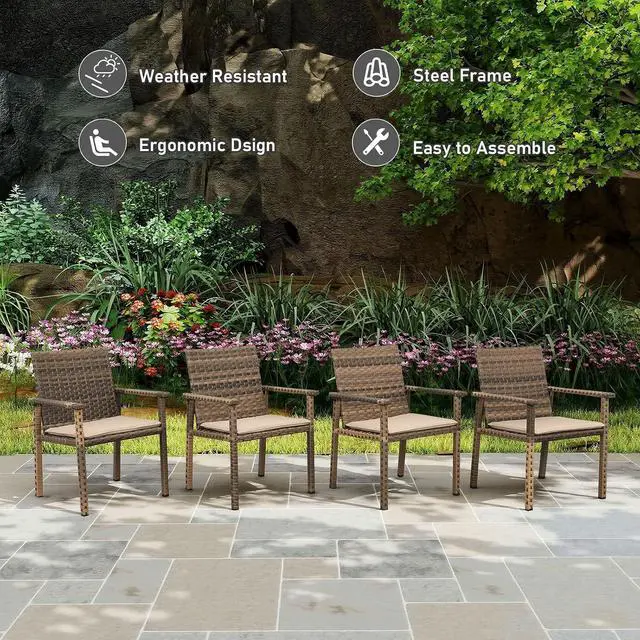 Alt view image 4 of 7 - Set of 4 Wicker Patio Dining Chairs, Outdoor Armchairs with Khaki Cushions | Stable loadbearing frame, premium brown PE rattan, ergonomic backrests, UVstable and easytoclean for outside use
