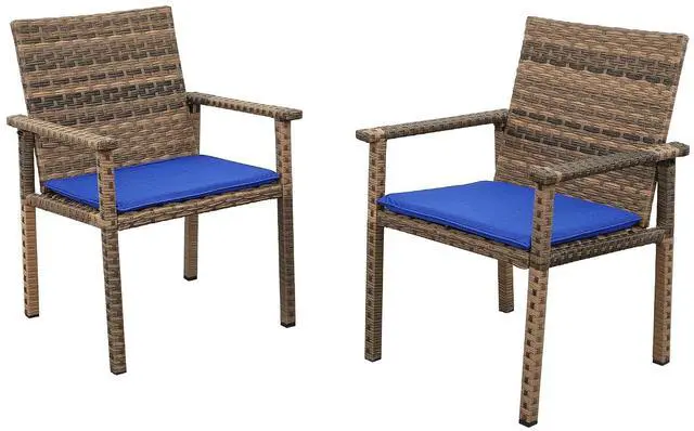 Main image of Set of 2 Wicker Patio Dining Chairs, Outdoor Armchairs with Blue Cushions | Stable loadbearing frame, premium brown PE rattan, ergonomic backrests, UVstable and easytoclean for outside use