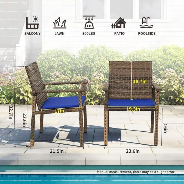 Alt view image 3 of 7 - Set of 4 Wicker Patio Dining Chairs, Outdoor Armchairs with Blue Cushions | Stable loadbearing frame, premium brown PE rattan, ergonomic backrests, UVstable and easytoclean for outside use