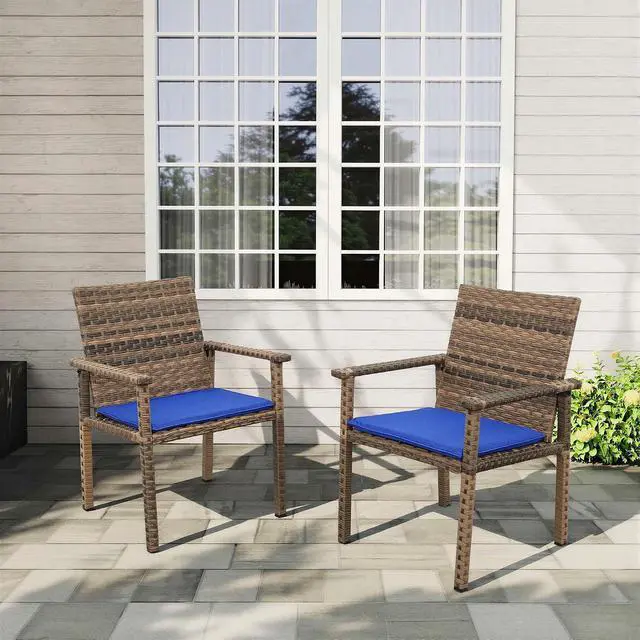 Alt view image 2 of 7 - Set of 2 Wicker Patio Dining Chairs, Outdoor Armchairs with Blue Cushions | Stable loadbearing frame, premium brown PE rattan, ergonomic backrests, UVstable and easytoclean for outside use