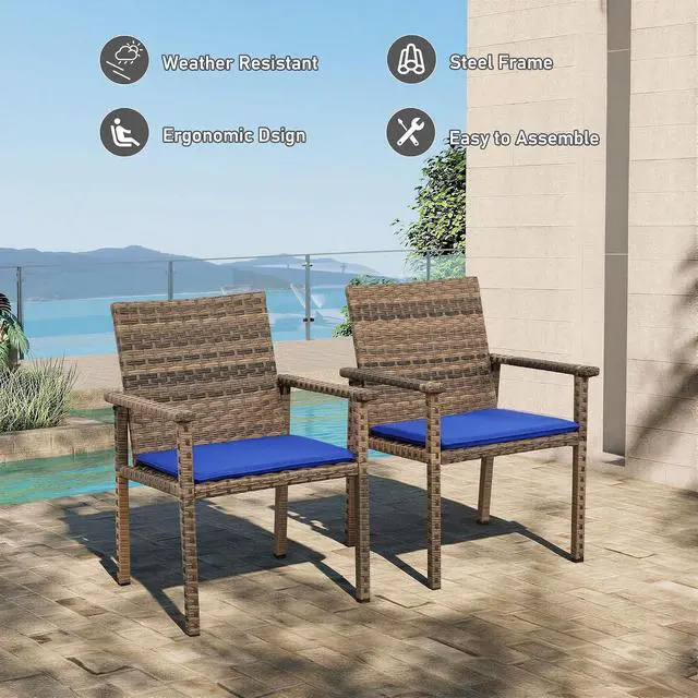 Alt view image 4 of 7 - Set of 2 Wicker Patio Dining Chairs, Outdoor Armchairs with Blue Cushions | Stable loadbearing frame, premium brown PE rattan, ergonomic backrests, UVstable and easytoclean for outside use