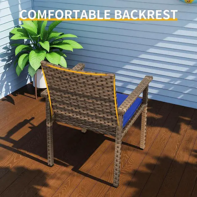 Alt view image 6 of 7 - Set of 4 Wicker Patio Dining Chairs, Outdoor Armchairs with Blue Cushions | Stable loadbearing frame, premium brown PE rattan, ergonomic backrests, UVstable and easytoclean for outside use