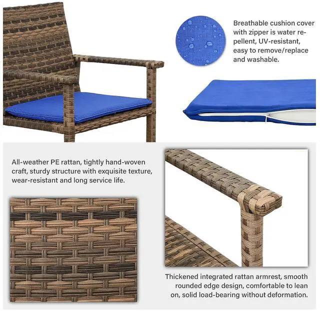 Alt view image 5 of 7 - Set of 4 Wicker Patio Dining Chairs, Outdoor Armchairs with Blue Cushions | Stable loadbearing frame, premium brown PE rattan, ergonomic backrests, UVstable and easytoclean for outside use