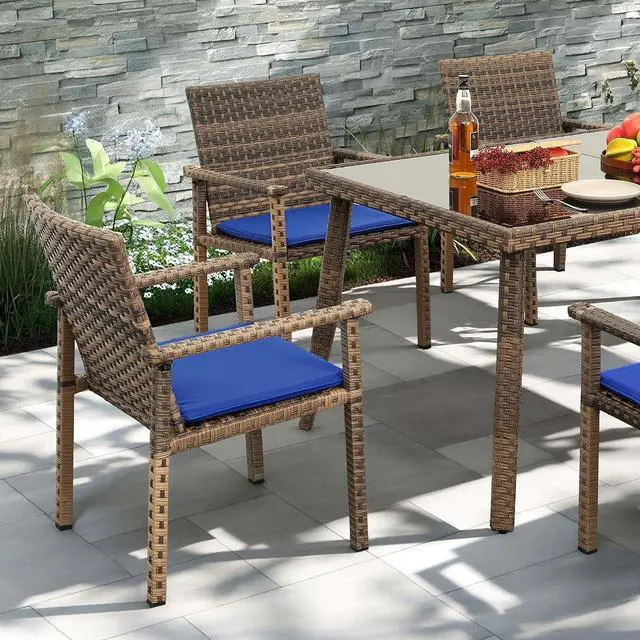 Alt view image 7 of 7 - Set of 4 Wicker Patio Dining Chairs, Outdoor Armchairs with Blue Cushions | Stable loadbearing frame, premium brown PE rattan, ergonomic backrests, UVstable and easytoclean for outside use