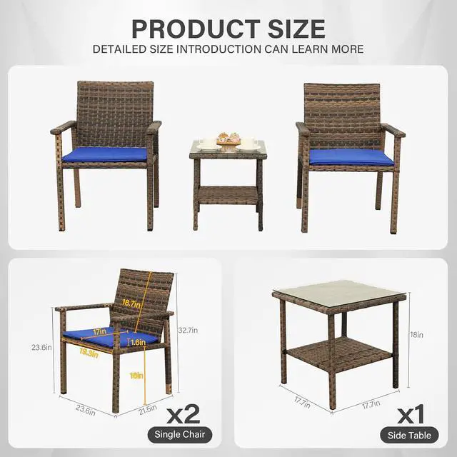 Alt view image 3 of 7 - WAROOM 3 Piece Patio Set Outdoor Rattan Chair Porch Wicker Furniture Sets with Coffee Table, Blue Cushion