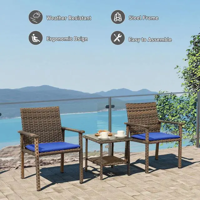 Alt view image 2 of 7 - WAROOM 3 Piece Patio Set Outdoor Rattan Chair Porch Wicker Furniture Sets with Coffee Table, Blue Cushion