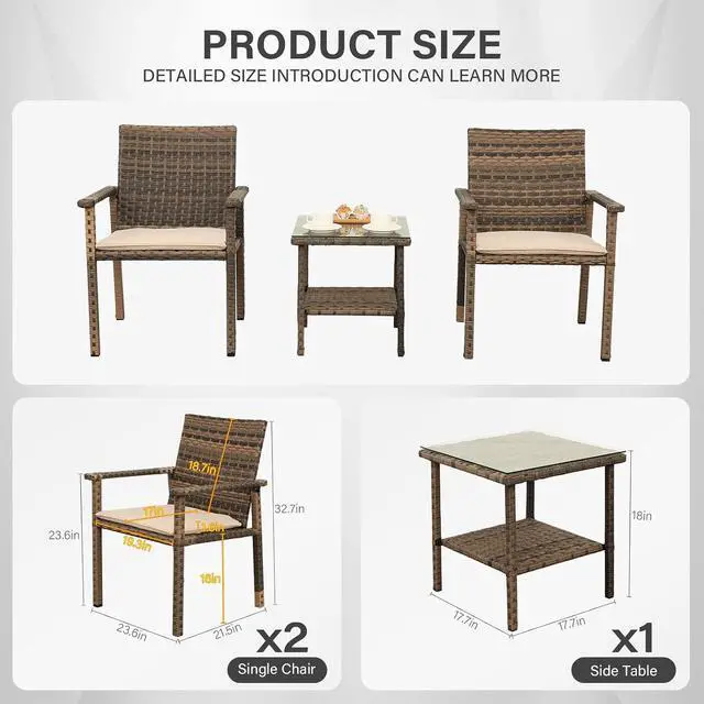Alt view image 3 of 7 - WAROOM 3 Piece Patio Set Outdoor Rattan Chair Porch Wicker Furniture Sets with Coffee Table, Khaki Cushion