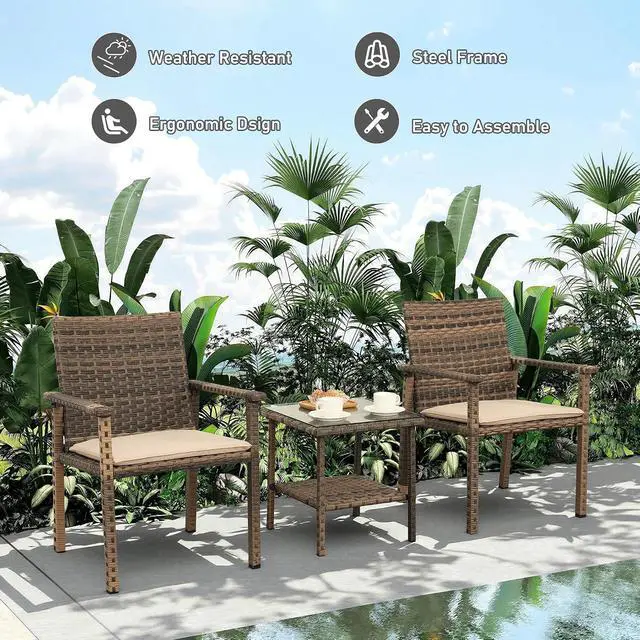 Alt view image 2 of 7 - WAROOM 3 Piece Patio Set Outdoor Rattan Chair Porch Wicker Furniture Sets with Coffee Table, Khaki Cushion