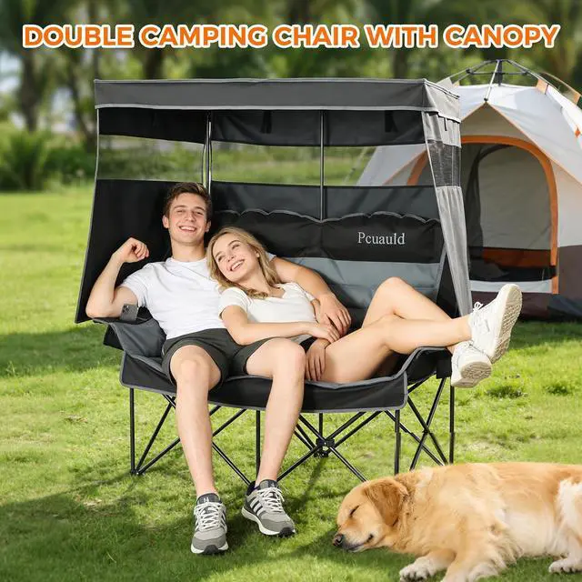 Alt view image 2 of 7 - Double Camping Chair with Canopy Heavy Duty 2 Person Folding Loveseat Beach Chair with Shade High Back Oversized Outdoor Camping Couch with Cup Holders & Wine Racks for Lawn, Fishing, Sports