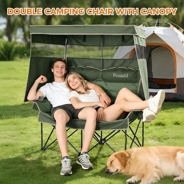 Alt view image 2 of 7 - Double Camping Chair with Canopy Heavy Duty 2 Person Folding Loveseat Beach Chair with Shade High Back Oversized Outdoor Camping Couch with Cup Holders & Wine Racks for Lawn, Sports, Green