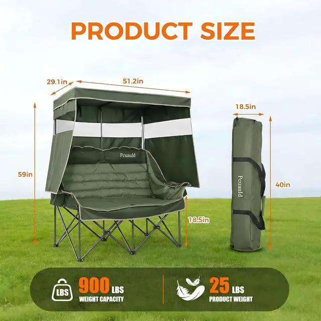 Alt view image 3 of 7 - Double Camping Chair with Canopy Heavy Duty 2 Person Folding Loveseat Beach Chair with Shade High Back Oversized Outdoor Camping Couch with Cup Holders & Wine Racks for Lawn, Sports, Green