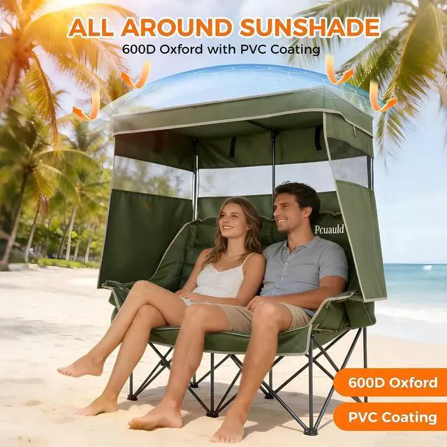 Alt view image 4 of 7 - Double Camping Chair with Canopy Heavy Duty 2 Person Folding Loveseat Beach Chair with Shade High Back Oversized Outdoor Camping Couch with Cup Holders & Wine Racks for Lawn, Sports, Green