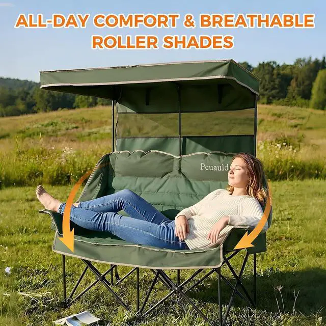 Alt view image 6 of 7 - Double Camping Chair with Canopy Heavy Duty 2 Person Folding Loveseat Beach Chair with Shade High Back Oversized Outdoor Camping Couch with Cup Holders & Wine Racks for Lawn, Sports, Green