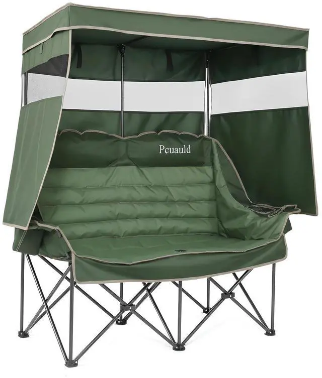 Main image of Double Camping Chair with Canopy Heavy Duty 2 Person Folding Loveseat Beach Chair with Shade High Back Oversized Outdoor Camping Couch with Cup Holders & Wine Racks for Lawn, Sports, Green