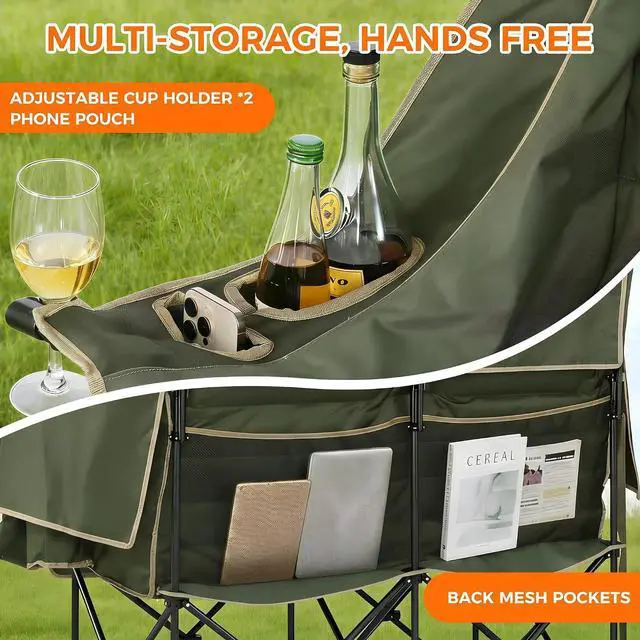 Alt view image 7 of 7 - Double Camping Chair with Canopy Heavy Duty 2 Person Folding Loveseat Beach Chair with Shade High Back Oversized Outdoor Camping Couch with Cup Holders & Wine Racks for Lawn, Sports, Green