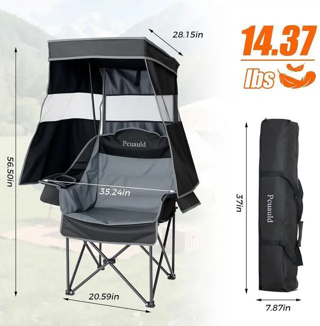 Alt view image 2 of 7 - Camping Chair with Canopy Shade Heavy Duty Folding Chair with Umbrella Cup Holder Oversized Beach Chairs with Canopy for Adults Portable Padded Outdoor Lawn Chair for Sports Events Fishing, 500LBS