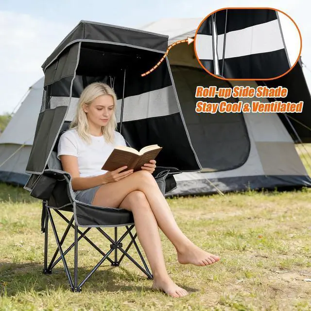 Alt view image 4 of 7 - Camping Chair with Canopy Shade Heavy Duty Folding Chair with Umbrella Cup Holder Oversized Beach Chairs with Canopy for Adults Portable Padded Outdoor Lawn Chair for Sports Events Fishing, 500LBS