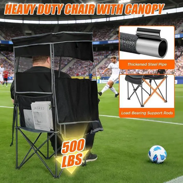 Alt view image 6 of 7 - Camping Chair with Canopy Shade Heavy Duty Folding Chair with Umbrella Cup Holder Oversized Beach Chairs with Canopy for Adults Portable Padded Outdoor Lawn Chair for Sports Events Fishing, 500LBS