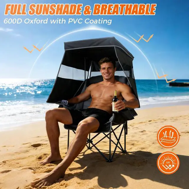 Alt view image 3 of 7 - Camping Chair with Canopy Shade Heavy Duty Folding Chair with Umbrella Cup Holder Oversized Beach Chairs with Canopy for Adults Portable Padded Outdoor Lawn Chair for Sports Events Fishing, 500LBS