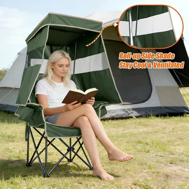 Alt view image 4 of 7 - Camping Chair with Canopy Shade Heavy Duty Folding Chair with Umbrella Cup Holder Oversized Beach Chairs with Canopy for Adults Portable Padded Outdoor Lawn Chair for Sports Fishing, 500LBS, Green